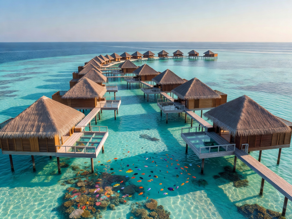 Maldives private overwater bungalow sanctuary over clear turquoise water