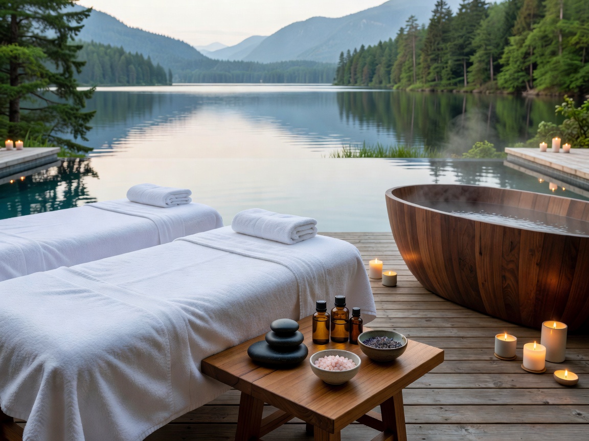 Luxury spa retreat setup for two with romantic candlelit atmosphere