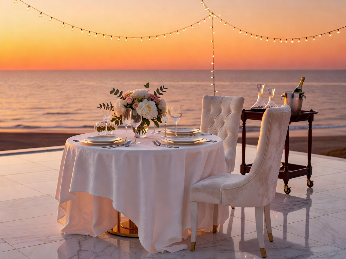 Romantic Luxury Sunset Dining Setup for Two on private ocean deck