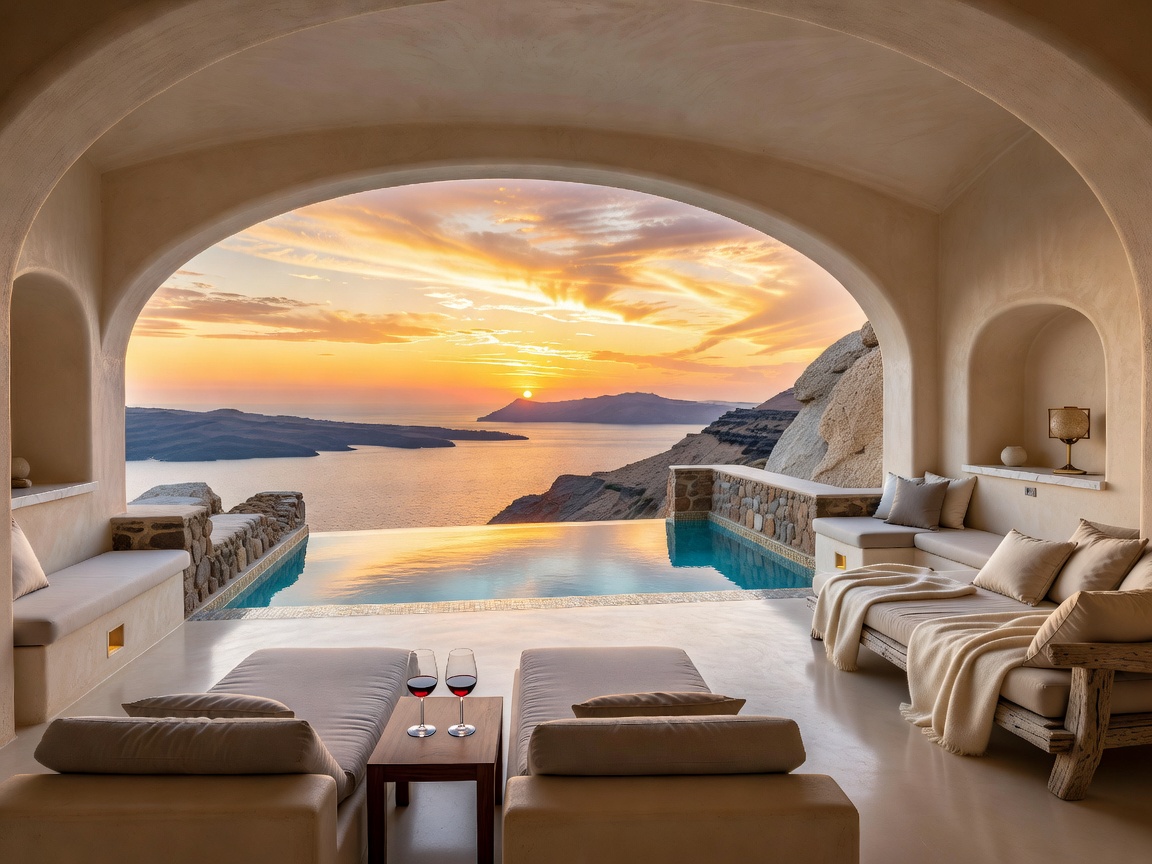 Santorini Sunset Luxury Cave Retreat carved in volcanic cliff